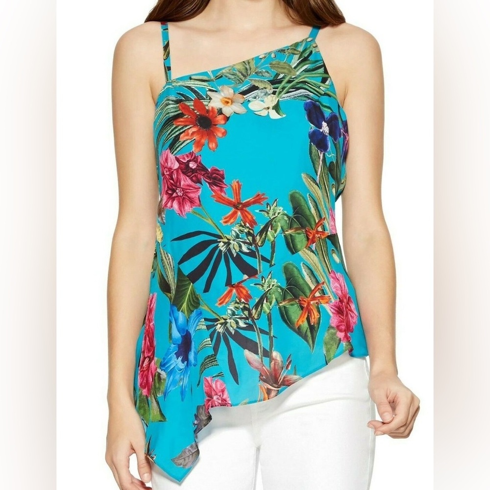 PARKER MALLORY SLEEVELESS ASYMMETRICAL HEM TOP AZULE FLORAL size M